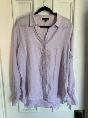 100% Linen Button-Front Blouse in Light Lavender